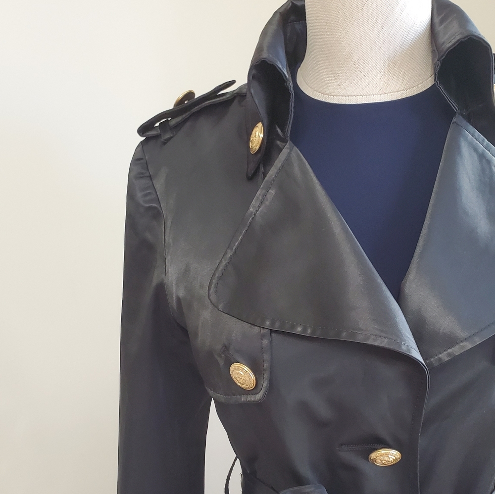 ERREUNO black satin trench coat gold buttons
